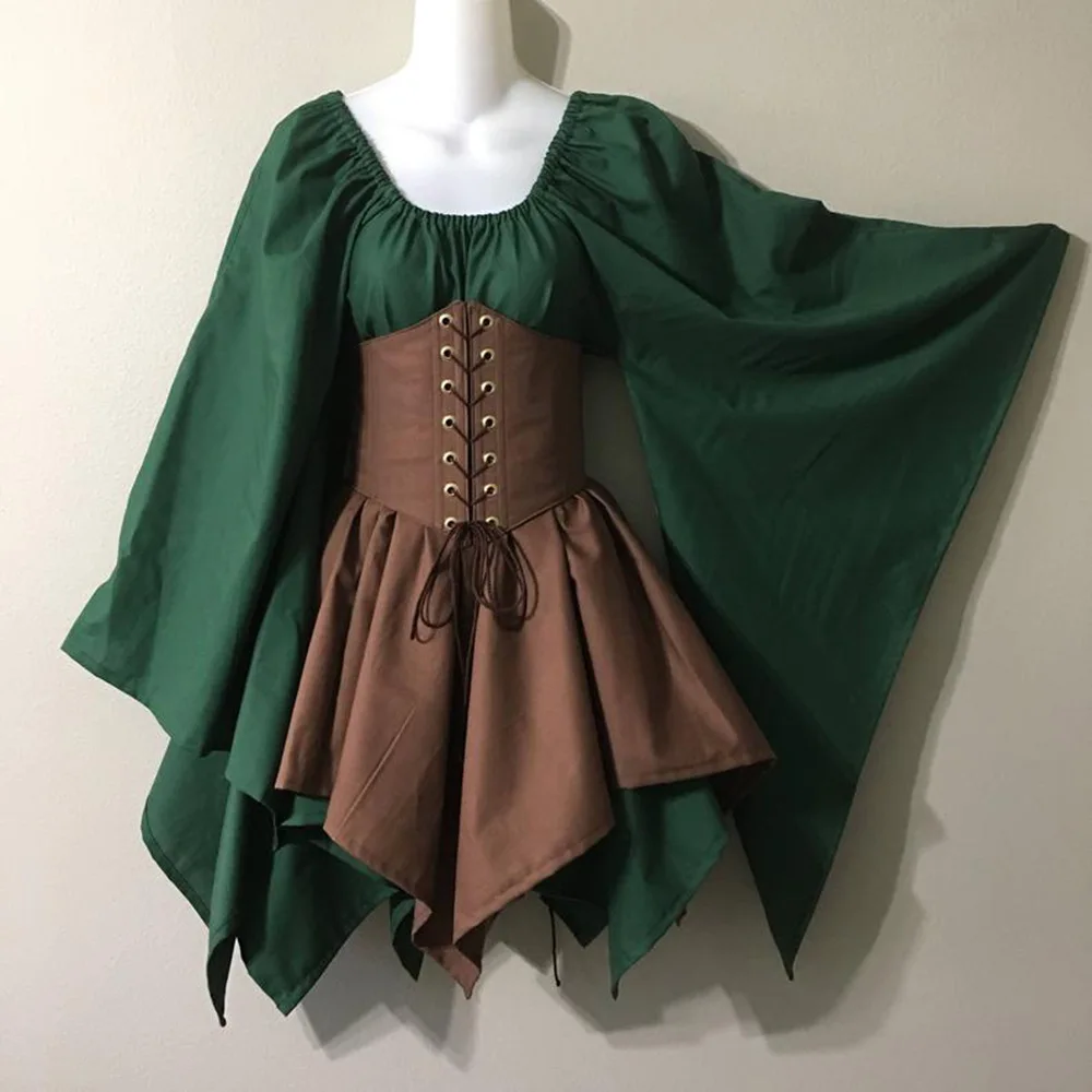 女性中世ルネッサンスドレスロングベルスリーブコルセットウエストパッチワークゴシック衣装ハロウィンパーティーコスプレ妖精エルフ