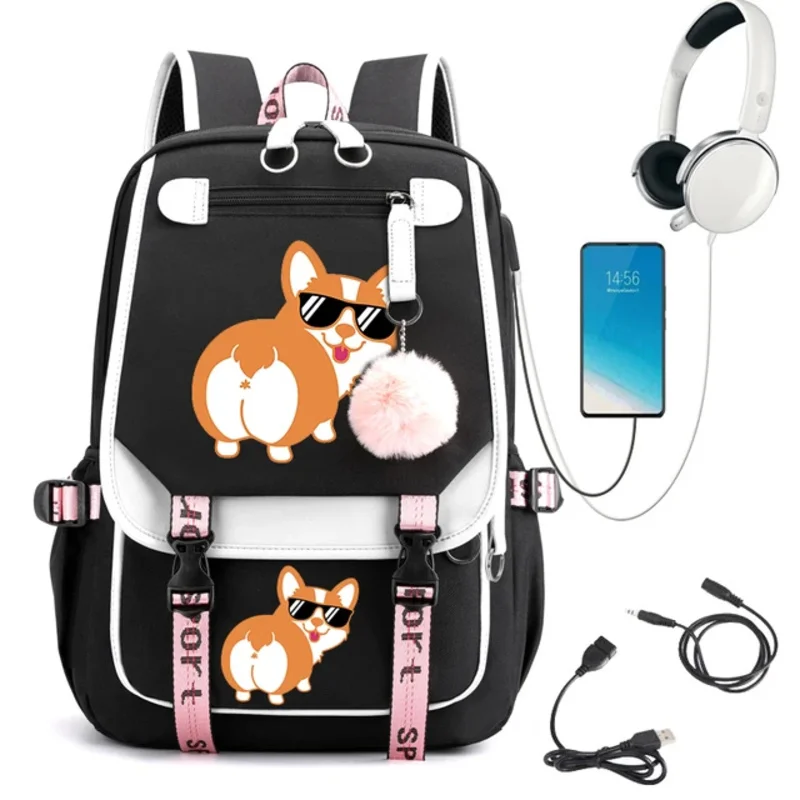 Cute Corgi Butt Print Girls High School Student Backpack Bags Usb Charging Bookbag Travel Bagpack Kawaii Anime School Bags