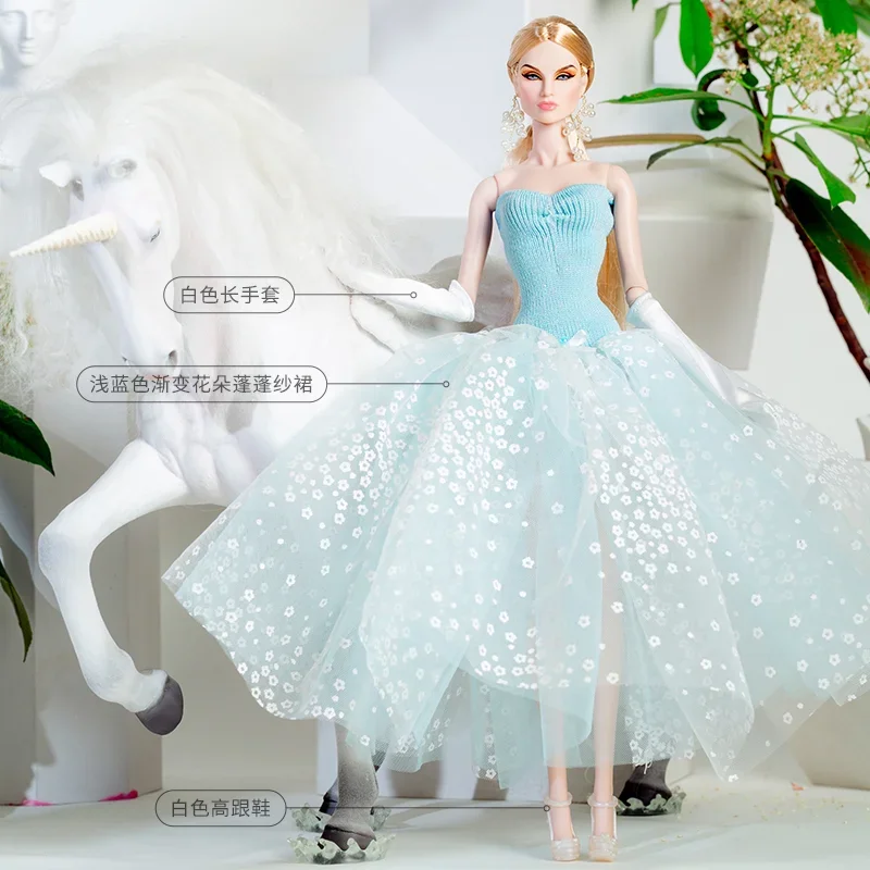 Blue Floral Wedding Dress for Barbie Doll Clothes Evening Gown & Gloves 1/6 BJD Accessories for Barbie Clothes Outfits Toy 11.5