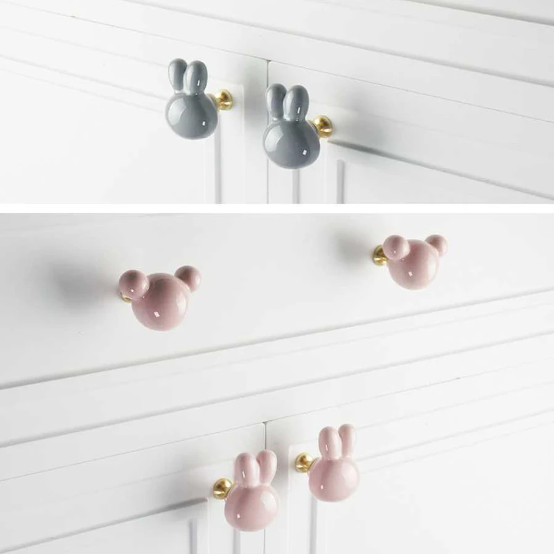 1PCS Colorful Ceramic Brass Handle Cute Cartoon Children's Room Ceramic Rabbit Head Multi-color Cabinet Drawer Handle