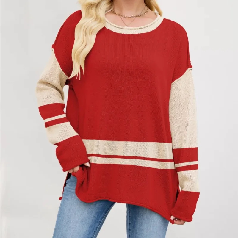 

2025 New Autumn/Winter Women's Knitted Sweater Color-Block Design Round Neck & Pullover Style Loose Size Fit for Daily Outfits