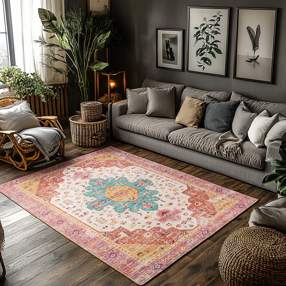 

Bohemian Geometric Area Rug, Multi-Color Pastel Carpet for Living Room, Soft Non-Slip Sofa Mat with Nature Inspired Decor