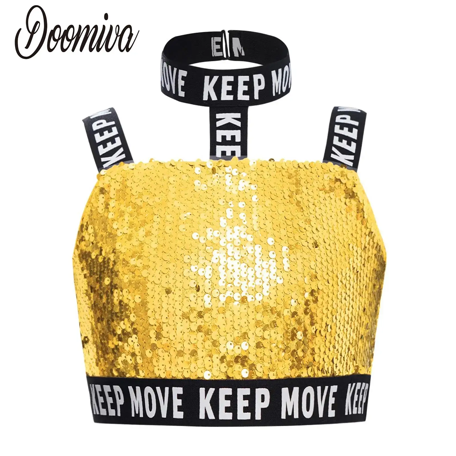 

Kids Girls Sequin Jazz Dance Performance Costume Glittery Crop Tops Hip-Hop Dancewear Shiny Halter Elastic Shoulder Straps Vest