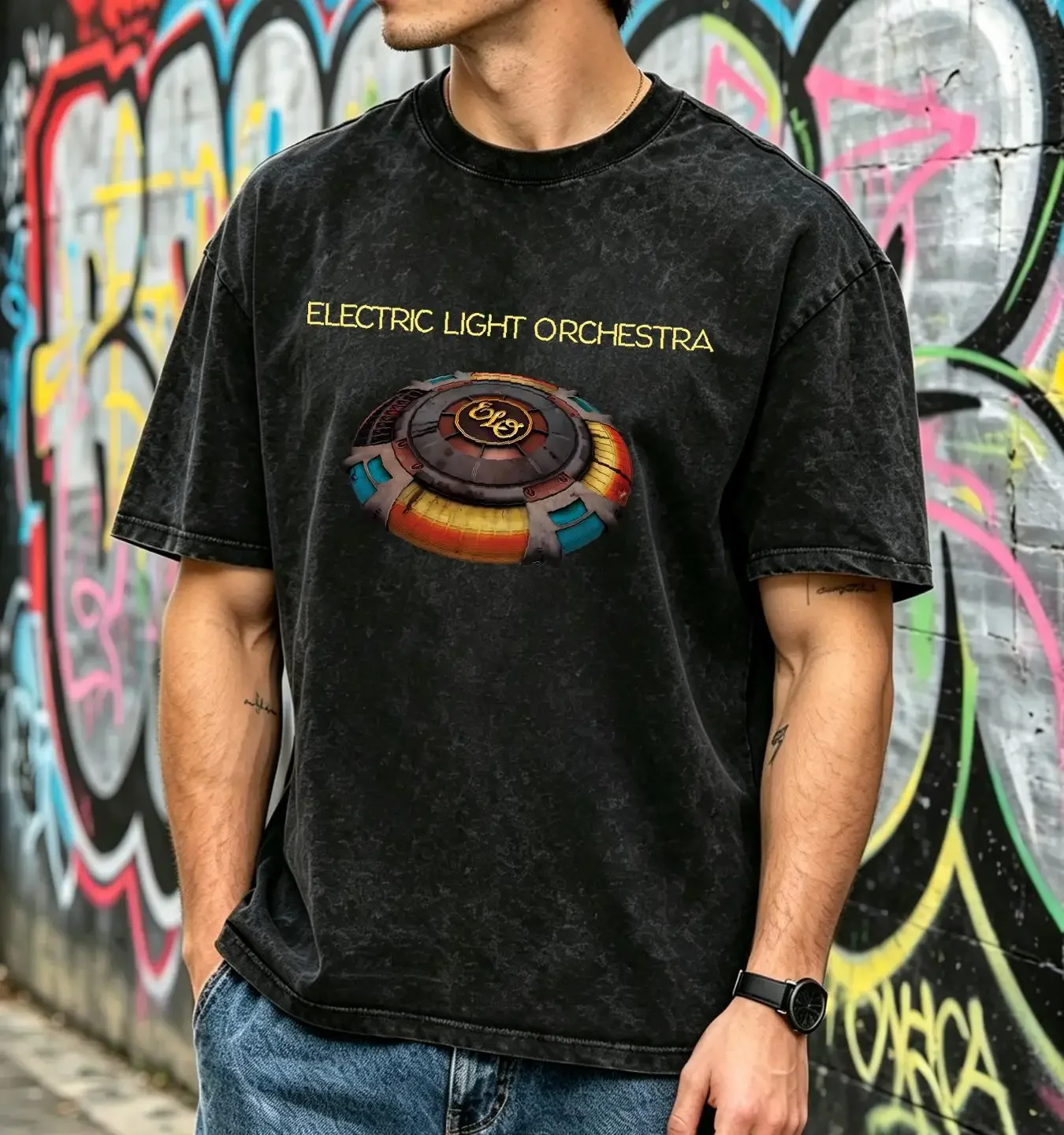 washed T Shirt Electric Light Orchestra 'Mr Blue Sky Album' Black NEW OFFICIAL vintage Washed designer clothes Casual homme