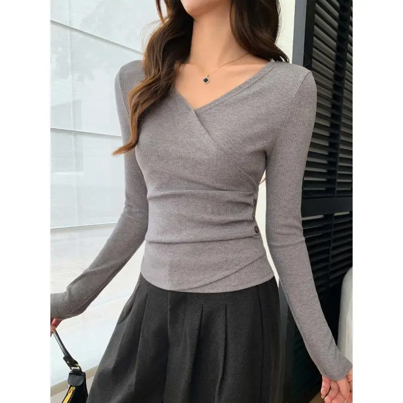 

Slimming V-Neck Long Sleeve T-Shirt Women's Inner Layer Fashionable Girl Style Lace Shirt Snowflake Pattern Winter Collection