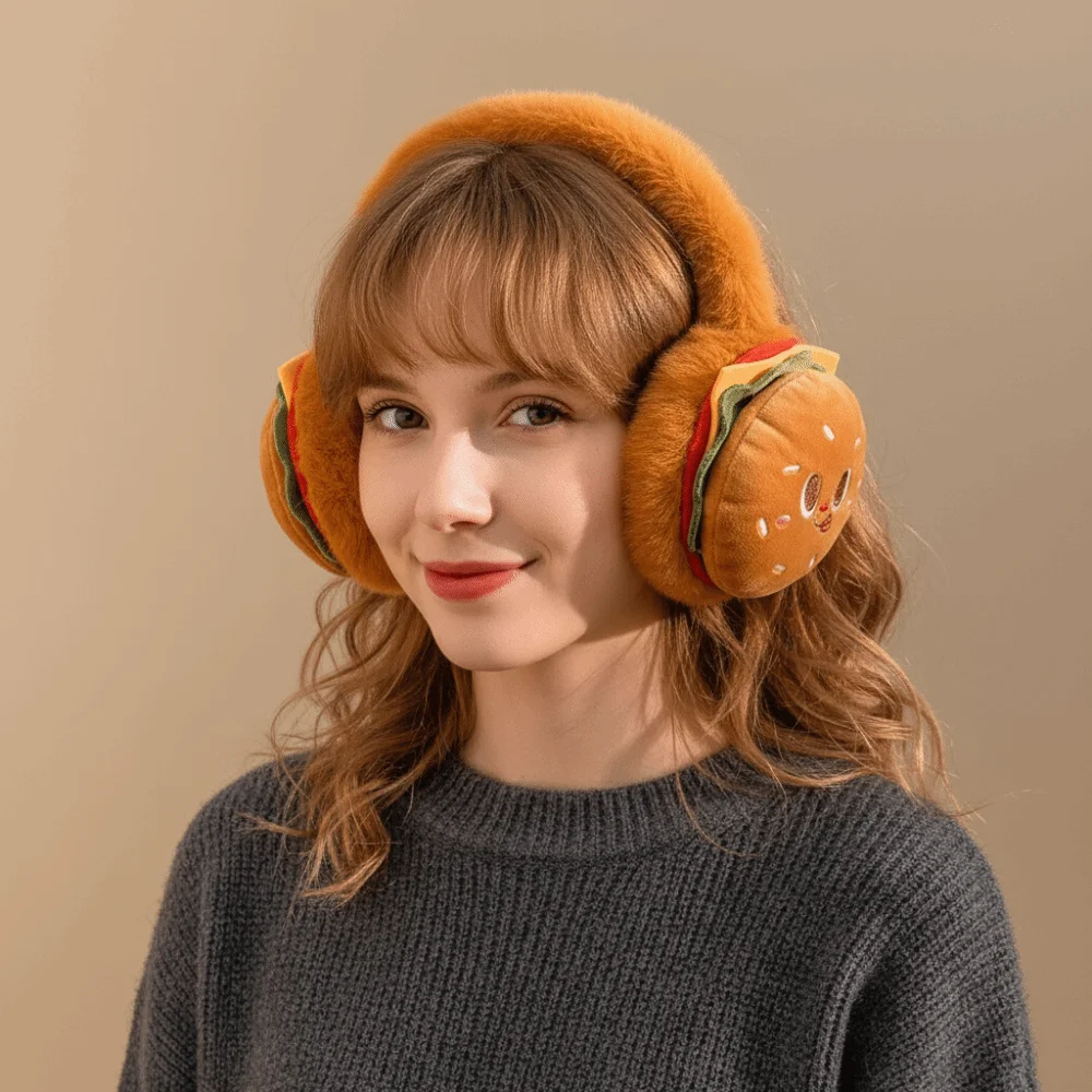 Warm Soft Hamburger Ear Warmer Thickened Plush Plush Funny Ear Cover Windproof Foldable Cold Protection Earmuffs Outdoor