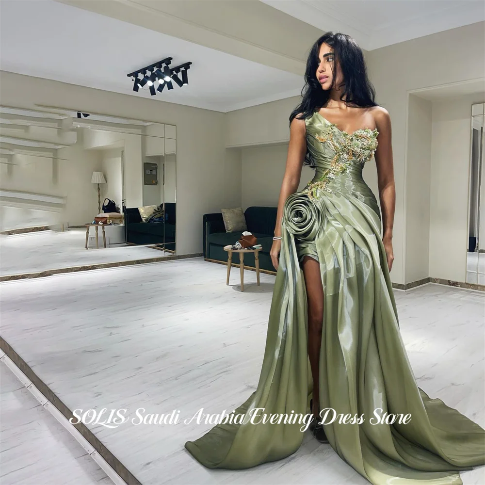 SOLIS Sage Green Party Dress One Shoulder Sleeveless Evening Dress Beading On Chest Prom Gown Big Flower فساتين سهره Customized