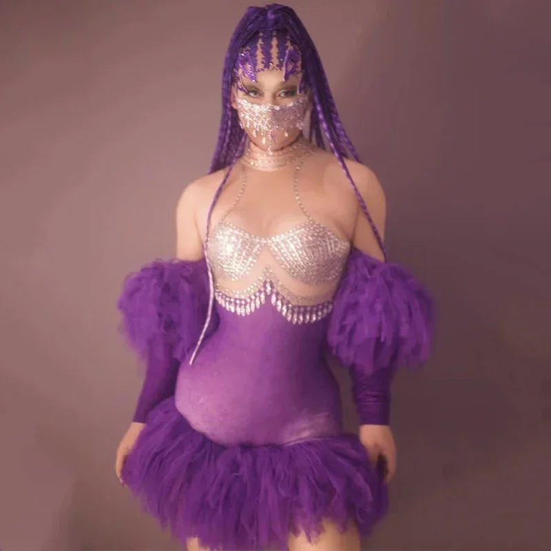 

Purple Crystals Lace Sleeves Mini Dress Sexy Mesh Rhinestones Dresses Women Birthday Celebrate Costume Festival Outfit XS4048