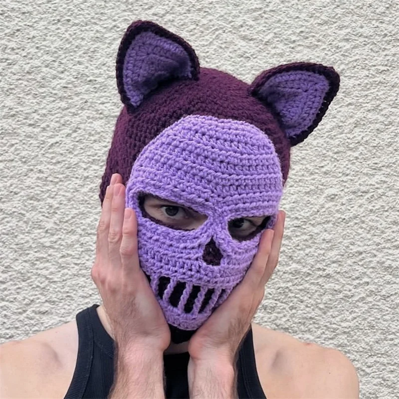 Handmade crocheted mask Fox ear mask Skull pattern style decoration For women men Halloween party cosplay costume cool accessory