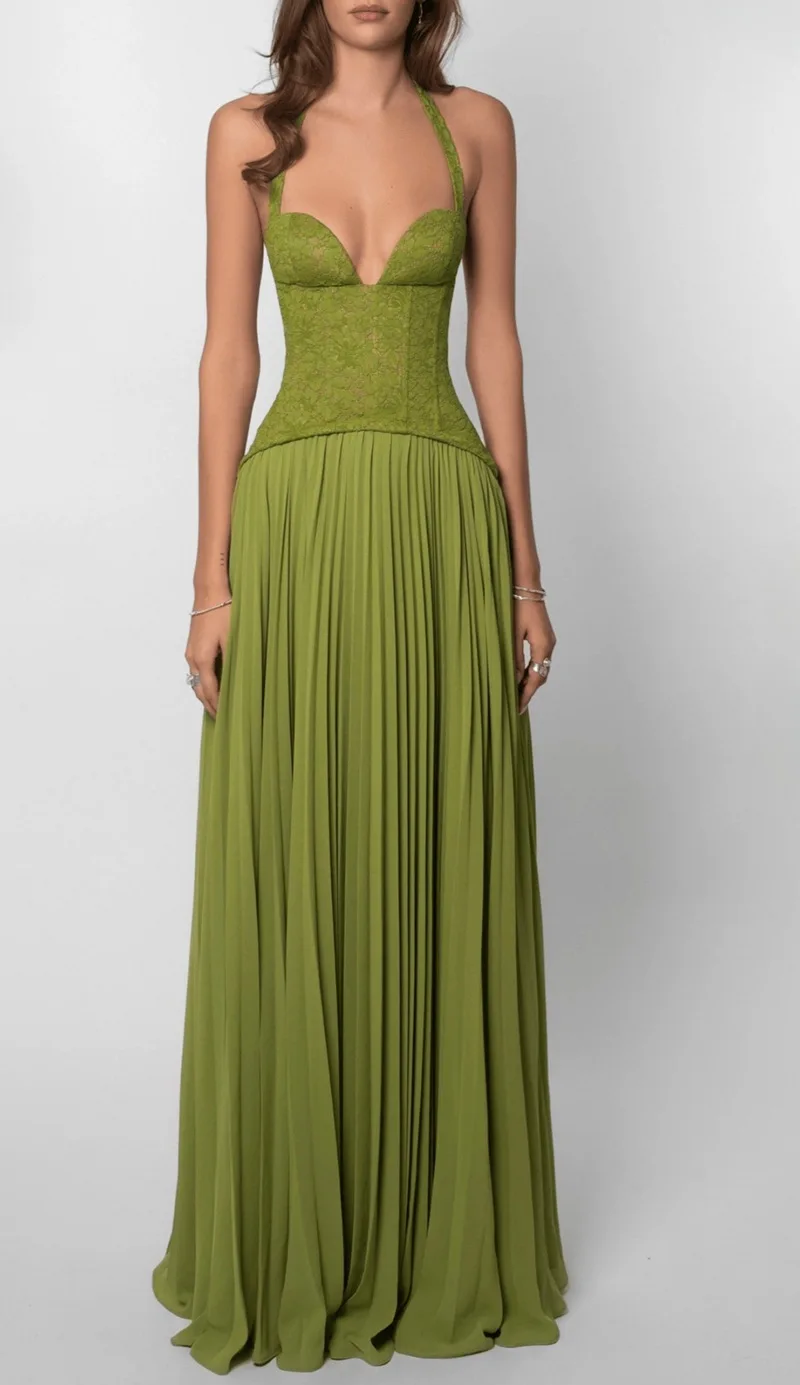 

Spring Summer Low-waisted Sexy Pleated Dress Solid Color Slimming Fashionable Sleeveless Halter High-waisted Long Dresses