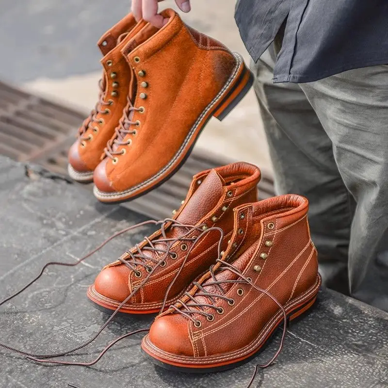 Men's Cowhid Boots British Leather Trekking Shoes Thick Soled Ankle Sneakers Cowhide High Top Motorcycle Boots Botas Para Moto