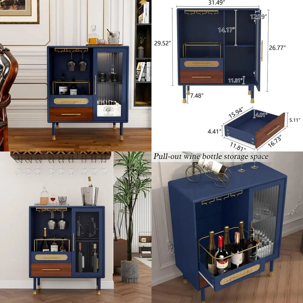 Modern Coffee Bar Cabinet with Wine Glass Rack and Drawers, Blue Liquor Storage Cabinet for Kitchen, Pull-Out Wine Storage Solut