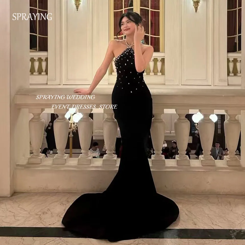 

SPRAYING Elegant Mermaid Black Prom Dresses Sleeveless Halter Neck Beadings Floor Length Vestidos De Fiesta Evening Dresses 2025