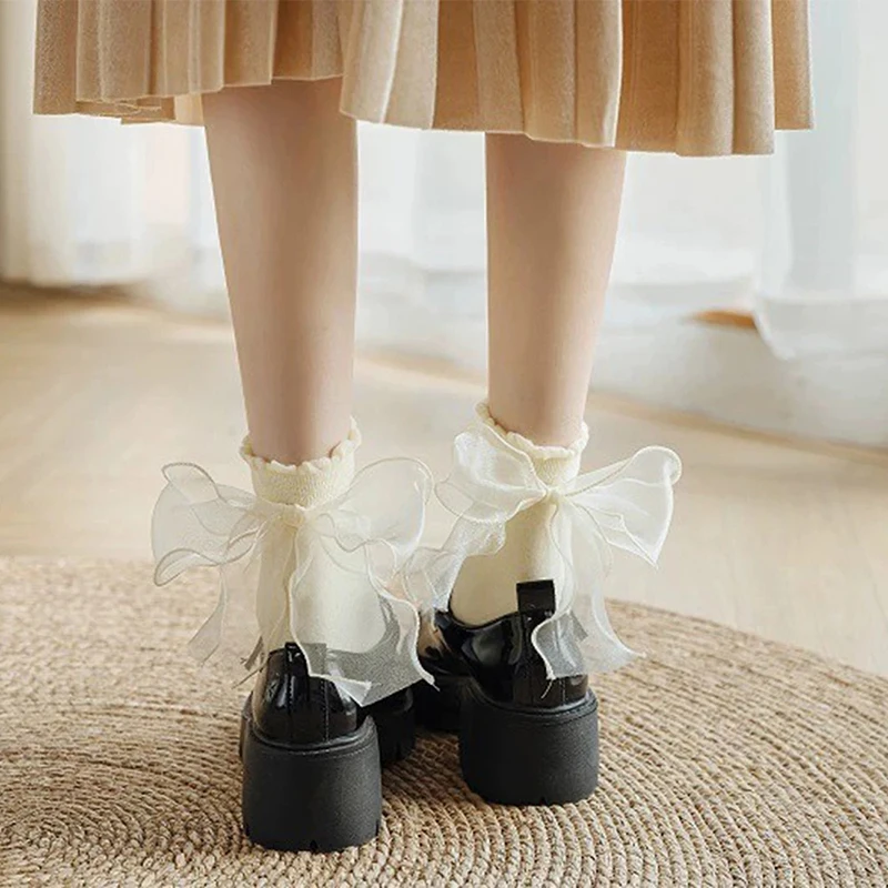 1/3 Paar Männer Frauen Bogen Plissee Socken Modische Band Süße Prinzessin Stil Salat Grenze Atmungsaktive Paar Casual Socken – Detail 5