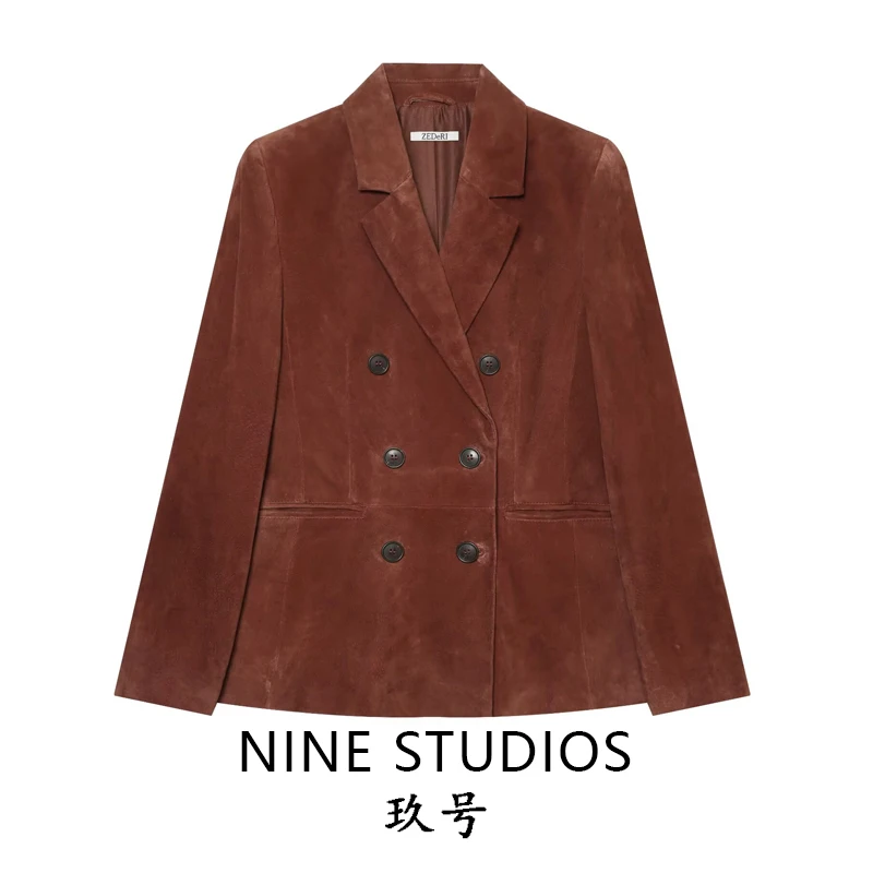 NINE ZAR Women's Suede Velvet Tailored Double-Breasted Suit Jacket Casual Long Sleeve Fashionable Women's Clothing