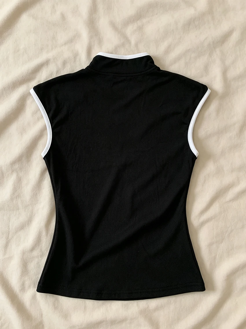 Retro-Chinesischer Stil Damen-Bluse mit Stehkragen, Ärmellos, Froschknopfverschluss, Kontrastbesatz, Schmale Passform, Kurzes Qipao, Alltagsbluse – Detail 9