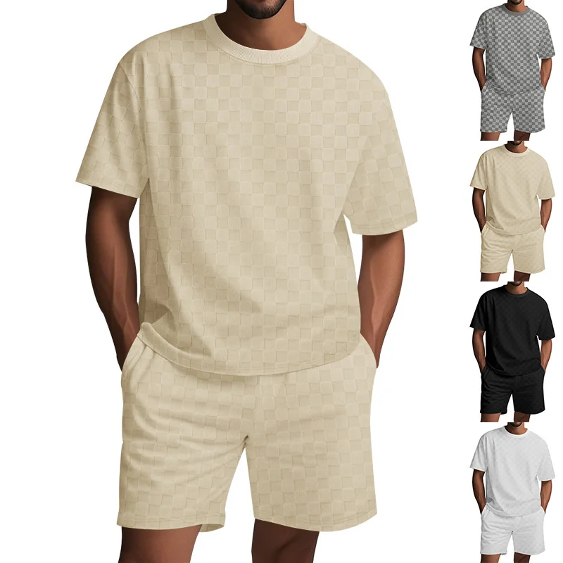

2025 Summer New Men's pure color round collar Patterned Jacquard Checkered tracksuit Casual short sleeve T-shirt+Shorts men Set