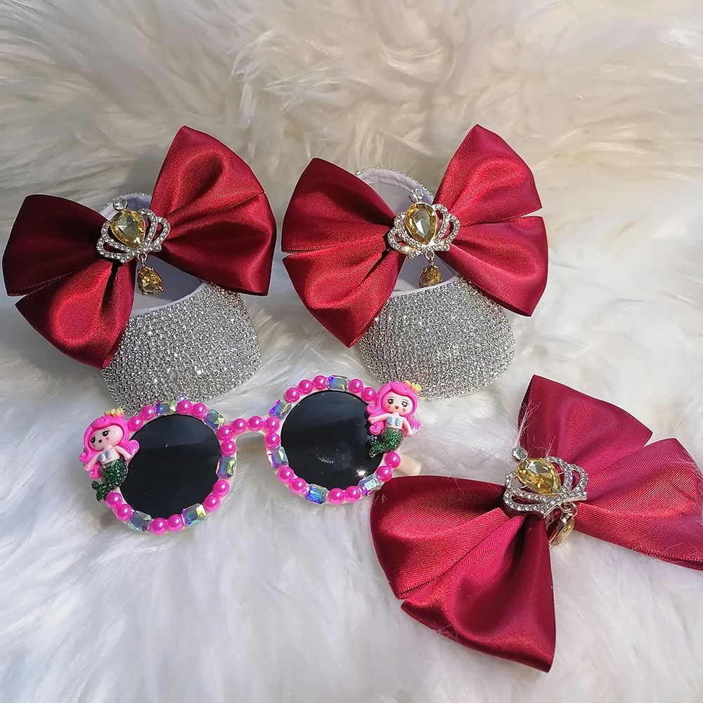 Lazo hecho a mano de lujo con diamantes de imitación para niña, zapatos de princesa, banda para el pelo, primer andador, cristales brillantes,