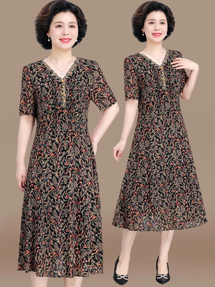 

Faionable Floral Print Mommy Summer Dr ort Sve Chiffon Skirt Loose Fit V-Ne Mid-Length Korean Sle ly Women...