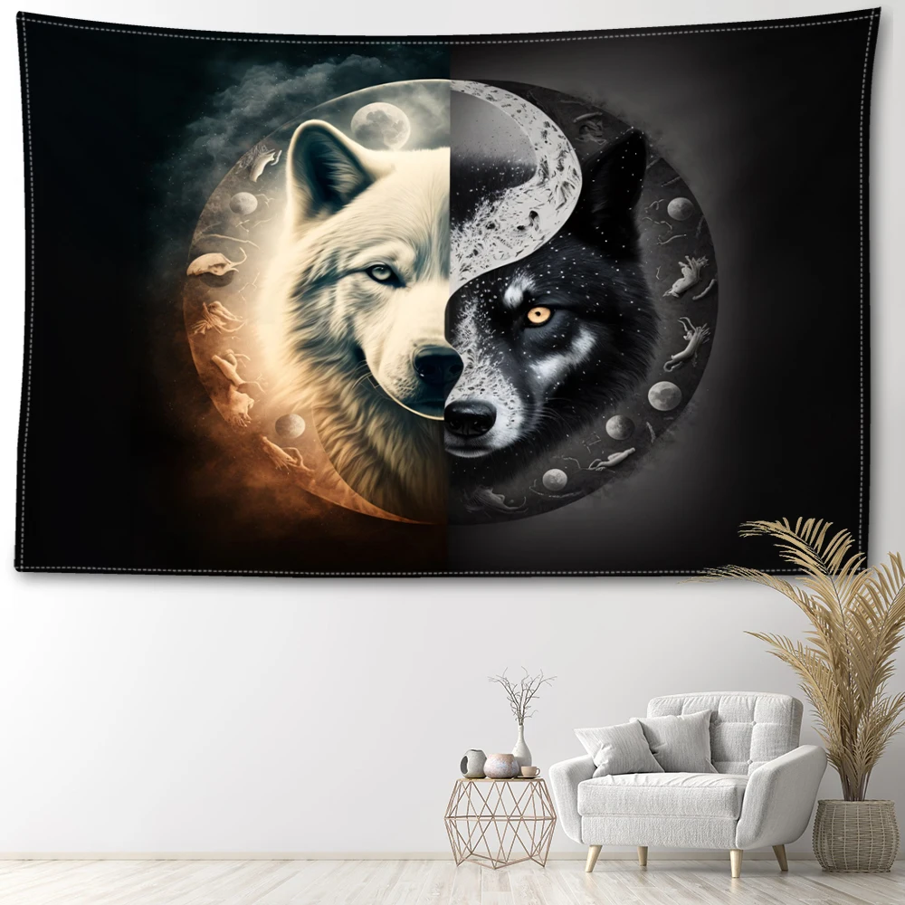 Yin Yang Wolf and Tiger Printed Tapestry, Retro Tai Chi Style Bedroom Study Living Room Wall Hanging Art Wall Decoration