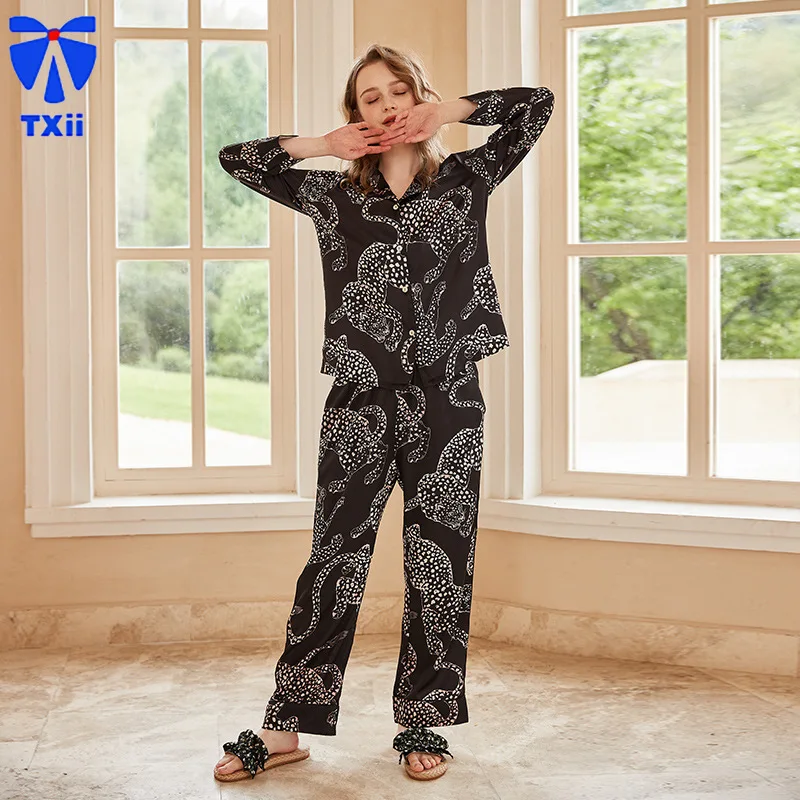 【 black jaguar 】comfortable Ice Silk Pajamas Women High-end Sense ins Style Lapel Spring/Summer Long Sleeve Home Suit 19