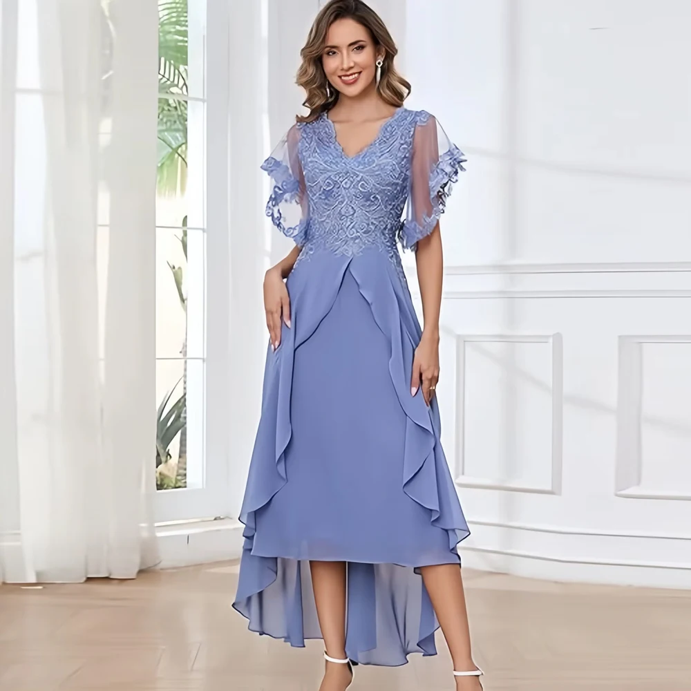 

Customized Chiffon Length Mother of Bride Dresses Ruffle Sleeves Lace Applique A Line Formal Wedding Party Dresses