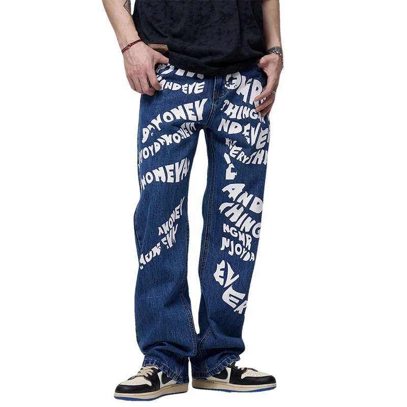 Men's Loose Letters Print Denim Jeans Casual Blue Pants Relaxed Straight Trousers