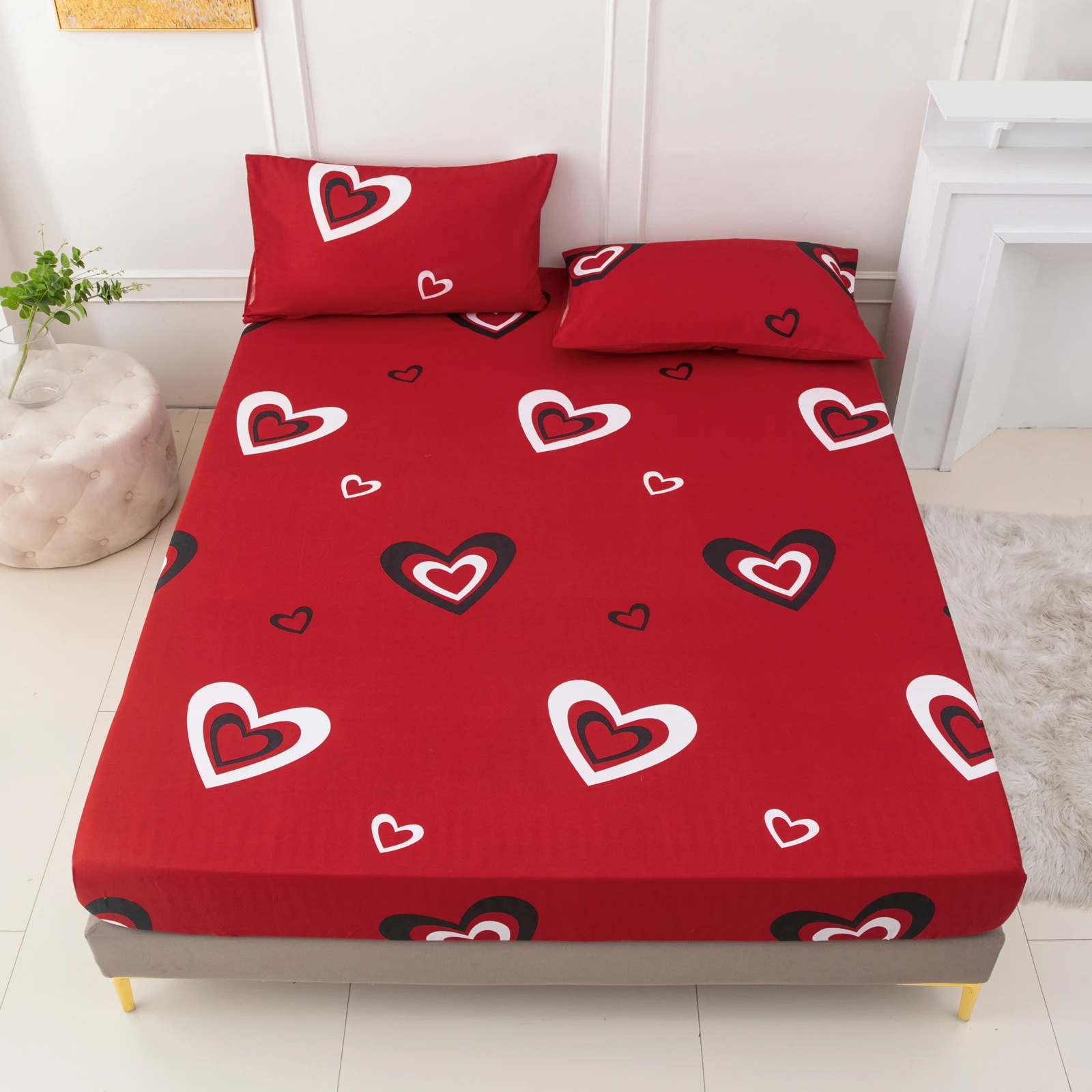 Heart Print Fitted Sheet 1-Piece Mattress Cover (Excluding Pillow Core and Pillowcase) Simple Style Polyester Fiber Rectangular Three-Dimensional Dirt-Proof Mattress Protector Polyester Five-Sided Wrapped Patterned Fitted Sheet Suitable for Bedroom, Dormitory, Guest Room, Homestay, All Seasons Use, Machine Washable