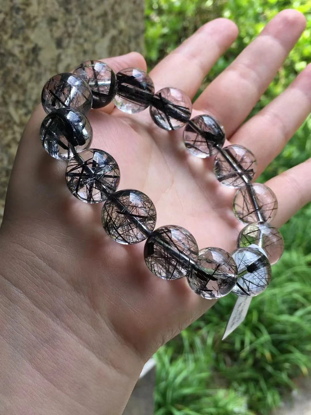 Natural Black Rutilated Quartz Clear Round Beads Bracelet 16mm Crystal Women Men Rare Brazil Genuine Rutilated AAAAAA