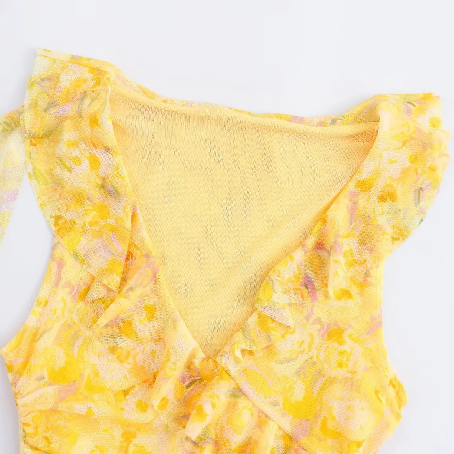 TRAF Yellow Print Tulle Dress Woman Sleeveless Short Dresses for Women Draped Evening Dresses Women Summer 2024 Bodycon Dress