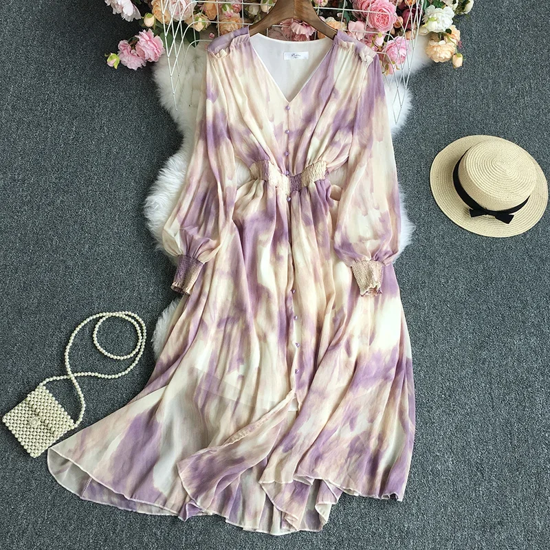 

V-neck Lantern Sleeve Drape Chiffon Dress Fashion Elegant Tie Dye Print Robe 2024 Autumn New All-match Temperament Vestidos