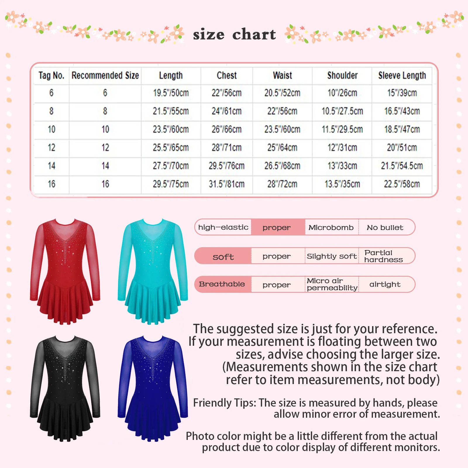 Girls Figure Ice Skating Dress Gymnastics Dance Ballet Tutu Leotard Costumes Long Sleeve Rhinestone Mesh Splice Dress Dancewear