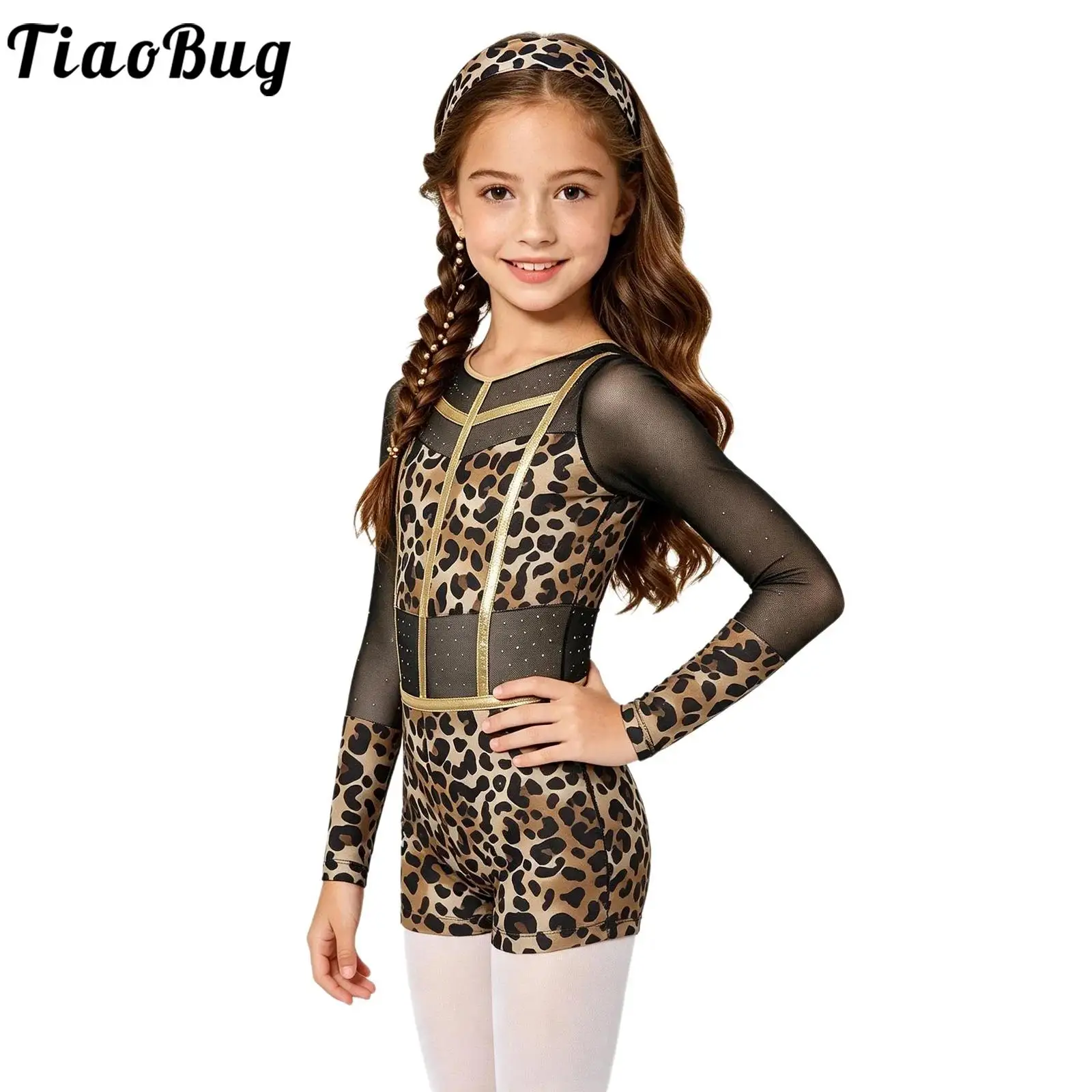 Kids Girls Primitive Tribal Cavegirl Costume Ballet Dance Gymnastics Leotard Long Sleeve Mesh Rhinestones Leopard Print Jumpsuit