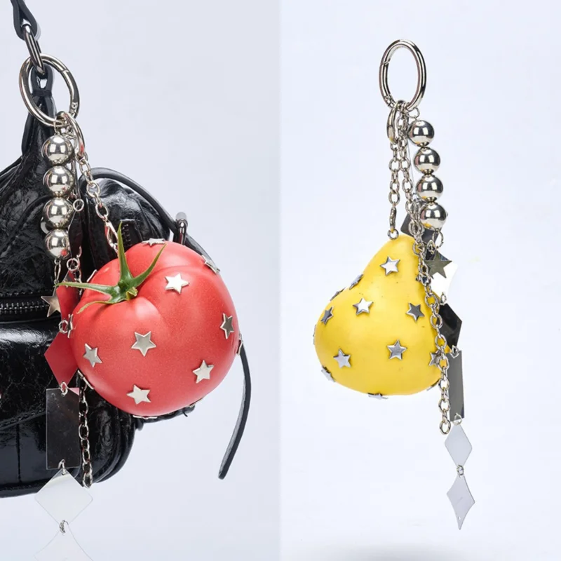 

Creative Fruit Vegetable Series Bag Charms Stylish Studded Tomato Pear Bag Pendants Trendy Couple Clothing Accessories Keychains