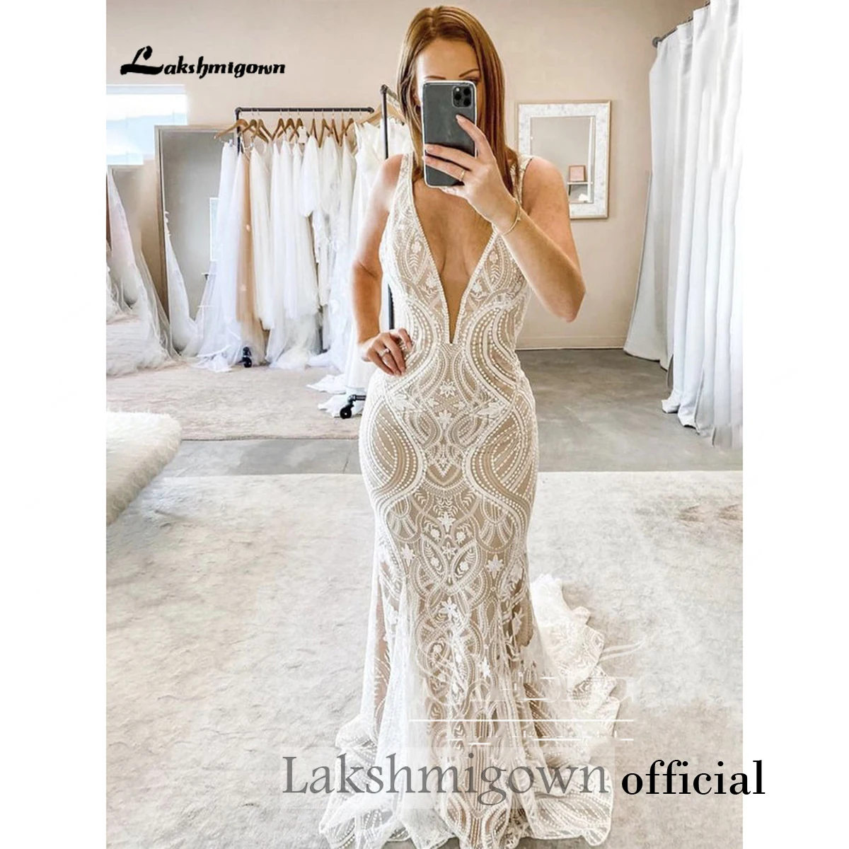 Böhmisches Meerjungfrauen-Hochzeitskleid mit tiefem V-Ausschnitt, ärmellosem Spitzen-Brautkleid, rückenfreiem, transparentem Spitzen-Hochzeitskleid für Damen, individuell anpassbar – Detail 5