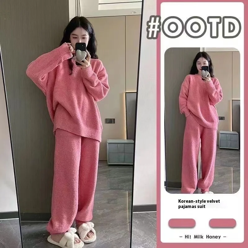 Autumn and Winter New Ms. Korean Senior Solid Color Pajamas Homewear Suit Girls Padded Thickened Plush Knitted Pajamas Homewear