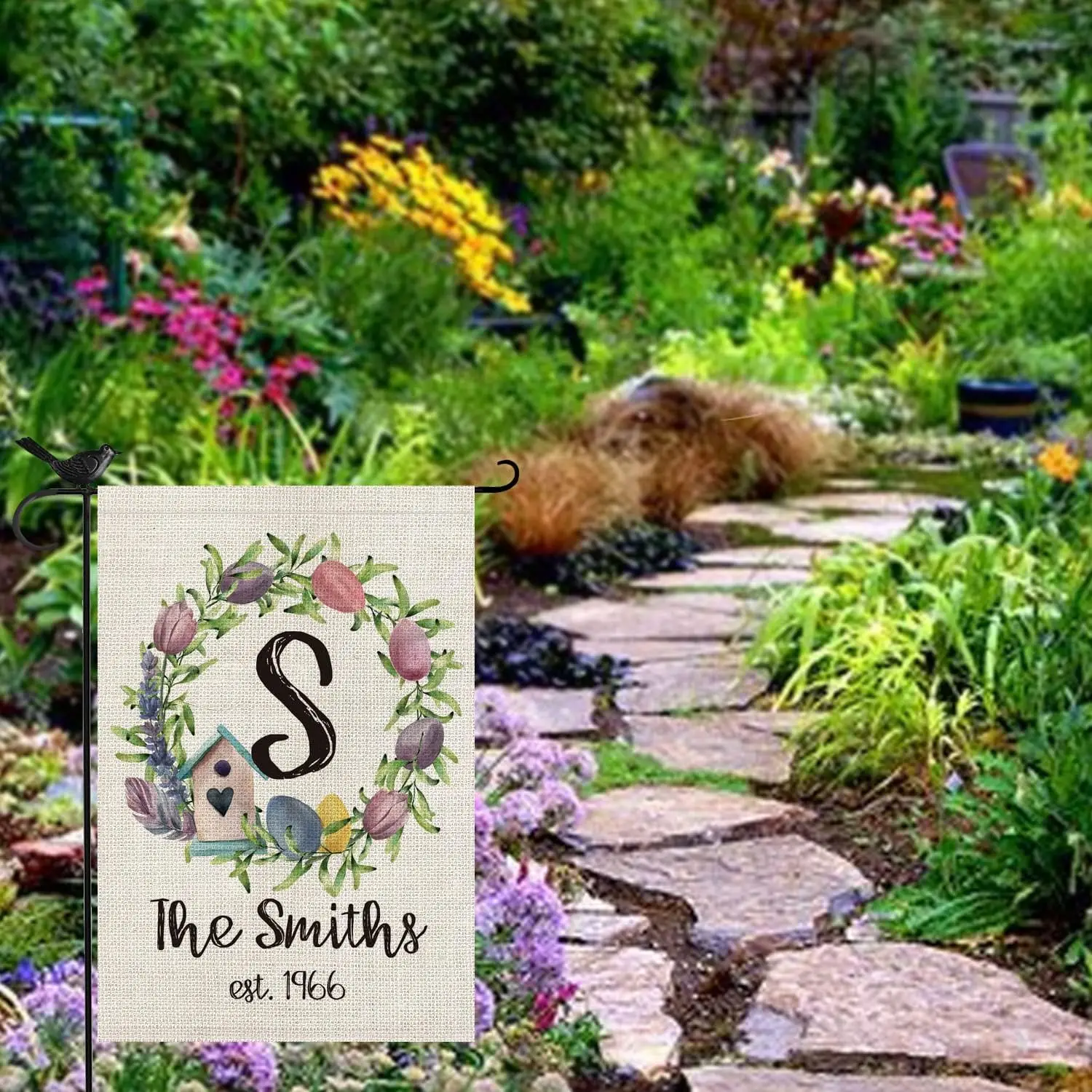 SMILE Personalized Spring Garden Flag, Summer Custom Monogram Initial Family Last Name Established Year Wreath, Double Sided WZZ