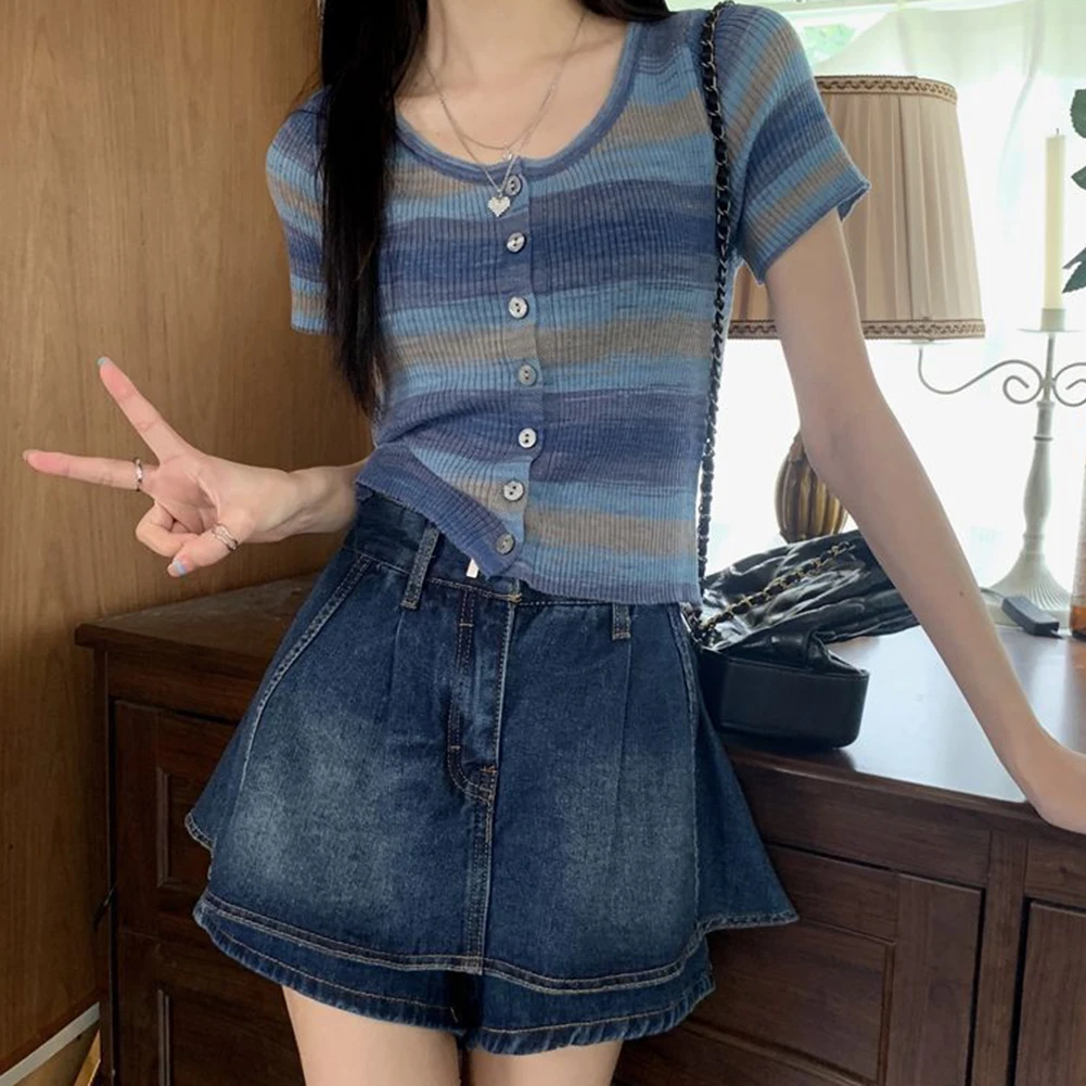 เสื้อยืดแฟชั่นลายทางสีฟ้าหลากสีสันทุกฤดูกาลขนาดเฉลี่ย ผ้าไมโครยืดหยุ่นสไตล์ใหม่ที่สะดวกสบาย