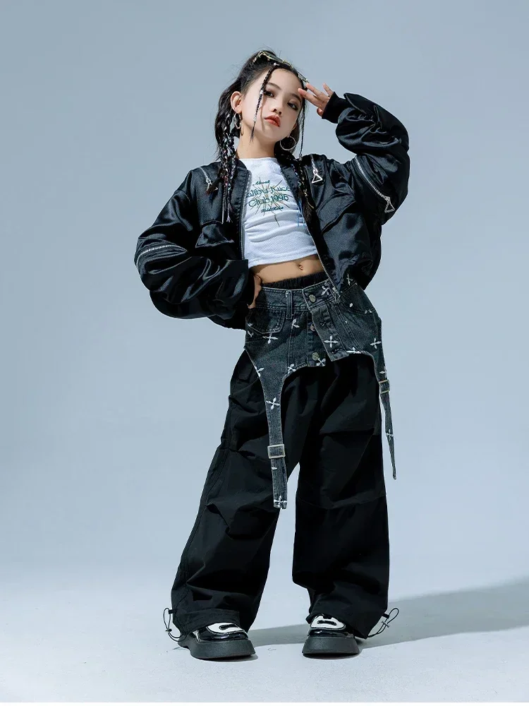 Street Dance Wear Ballsaal Hip Hop Bühnenkostüme Kinder Jazz Dance Performance Kleidung Mädchen Denim Bund Anzug