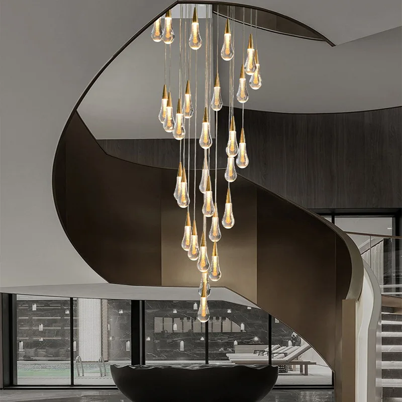 

2025 Modern Cluster Teardrop shape Led Long Crystal Chandeliers Ceiling lustre Large hotel villa lobby decorative luminaire