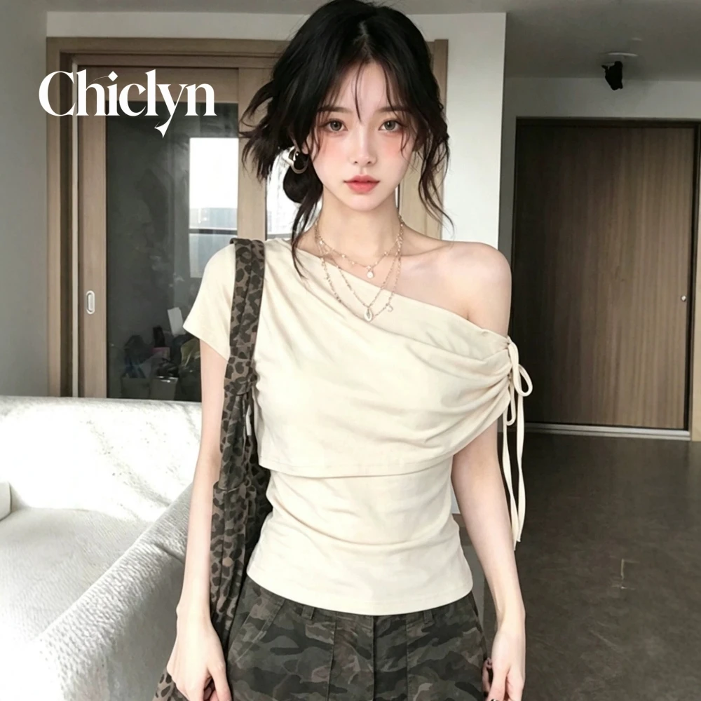 Sexy Pure Desire Women's T-Shirt with Strap Design Slim Fit Short Sleeve Shoulder Bared Summer Waist-Cinching Bodycon Top