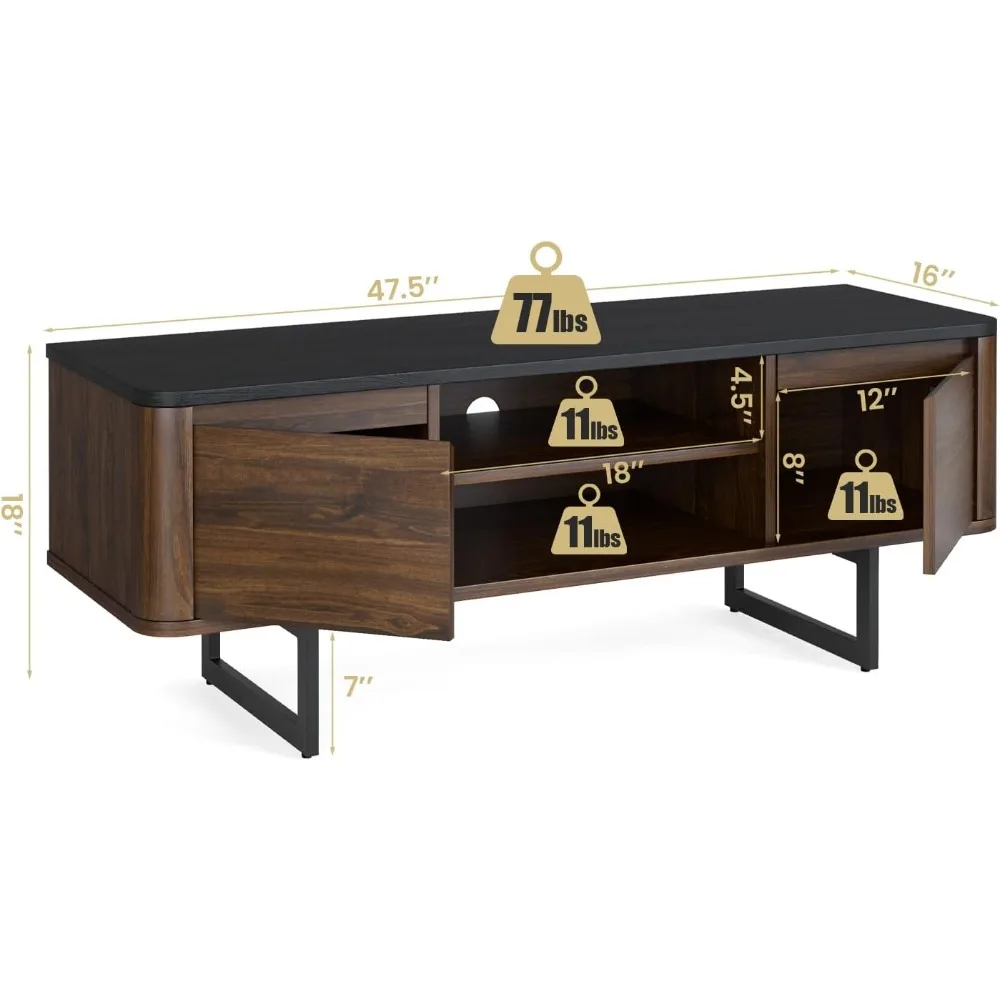 طاولة كونسول خشبية بحامل تلفزيون مقاس 55 بوصة مع قاعدة معدنية، وخزائن تخزين ببابين، ورف قابل للتعديل، وإدارة الكابلات