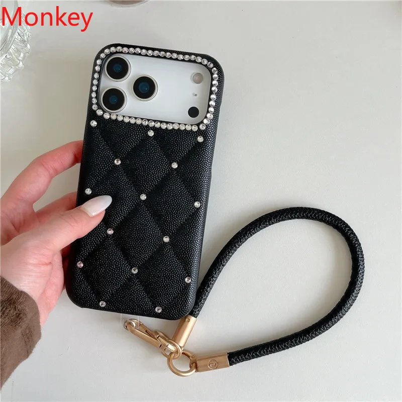 

3D Diamond Lattice Luxury Leather Texture Case For iPhone 17pro 17 16 Plus 15 14 13 Pro Max Air Shockproof Cover Hand Rope Chain