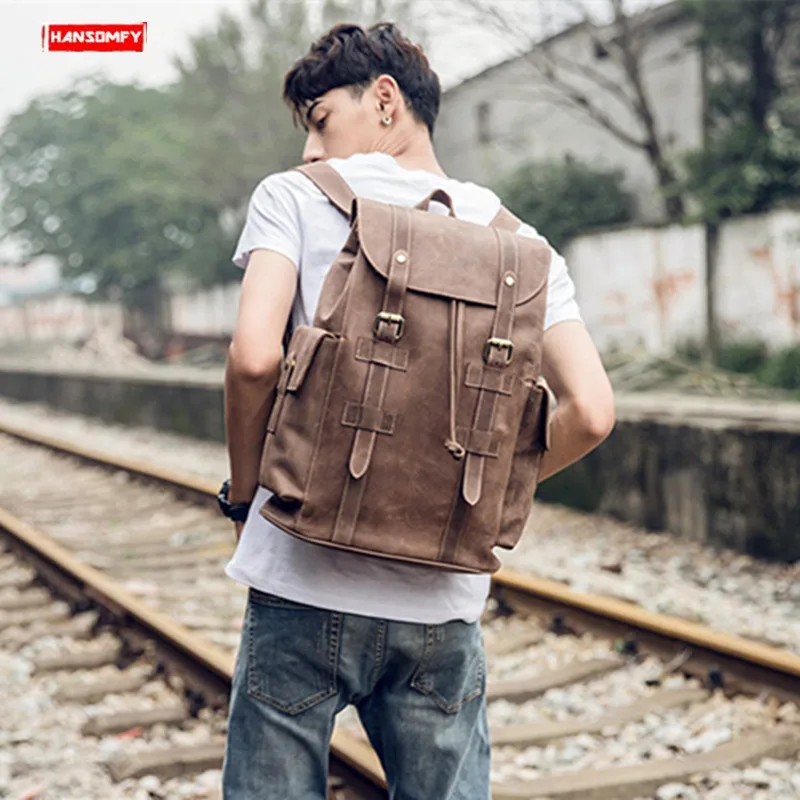 

Men's Backpack Shoulder Bag Men Computer Travel Backpacks Handmade Retro Original 2024 Crazy Horse Leather First Layer Leather