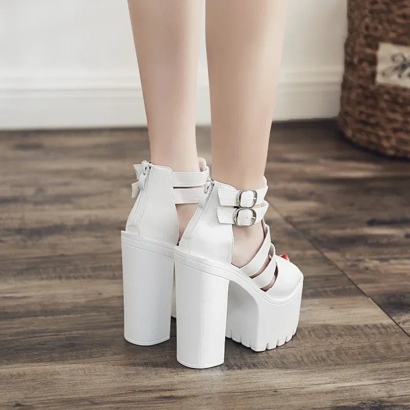 European Club Dj Bar Female Singer Performance Shoes Punched with 15cm Chunky Heel Super High Platform Sandals