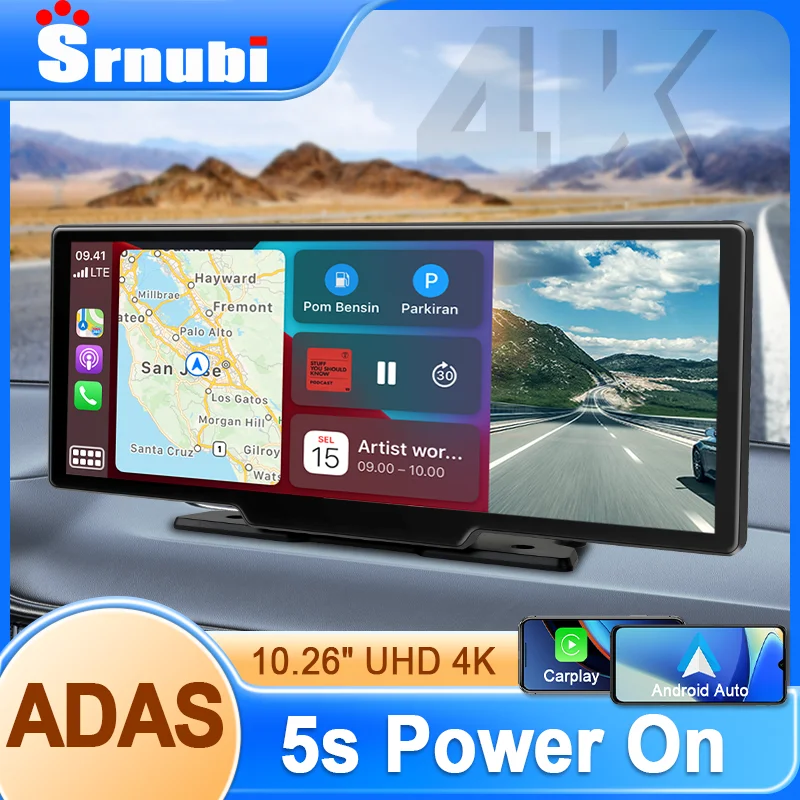 Universelle 10,26 Zoll tragbare 4k Dash Cam Adas drahtlose Carplay & Android Auto Auto DVR GPS