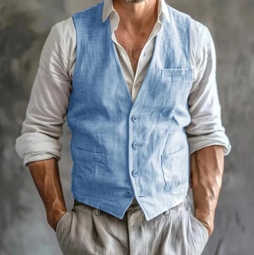 الرجال سترة كتان الصيف الذكور عالية الجودة رمادي بارد تنفس مع جيوب جيليه صدرية رجالي رسمية بلا أكمام رجل العمل