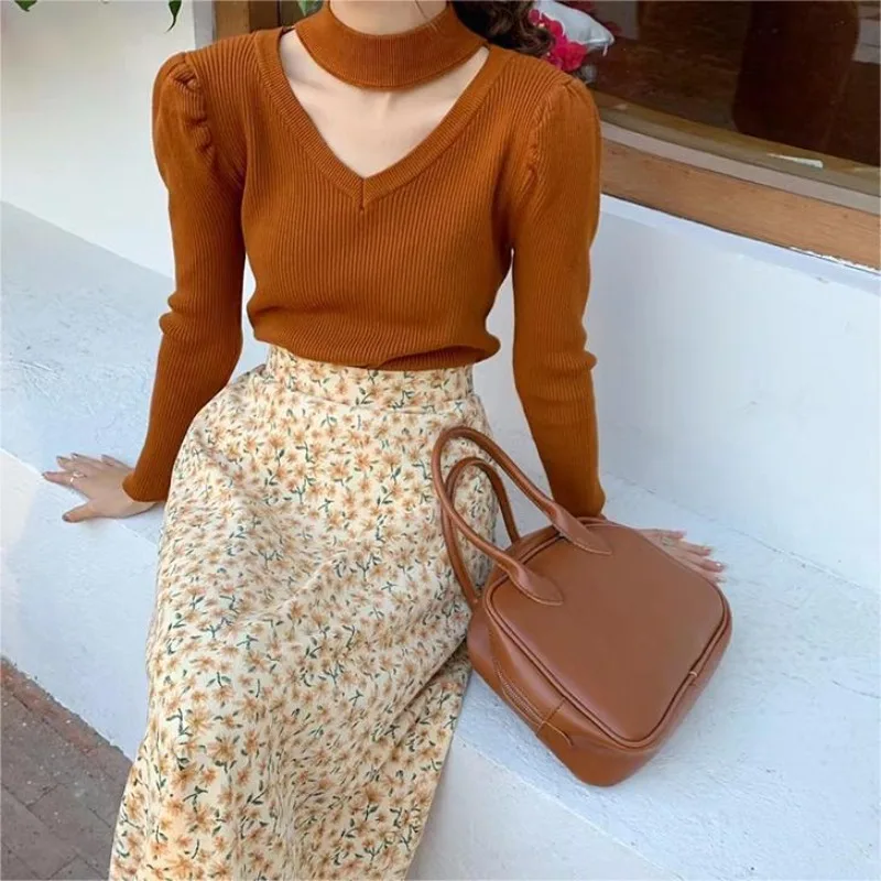 

Autumn and Winter Women's Knitted Sweater Korean Fashion Personality Slim V-neck Hollowed Out Halter Pullover Jumper Knitted Top