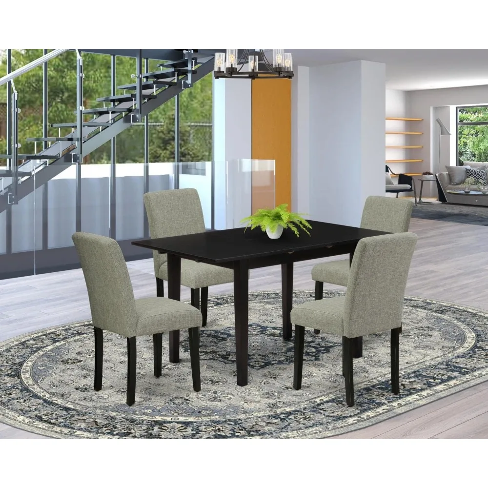 Norfolk 5 Piece Set includes a Rectangle Dining Room Table with Butterfly Leaf and 4 Shitake Linen Fabric Upholstered Parson