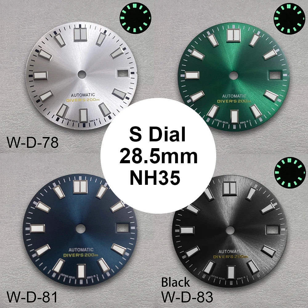 

28.5mm High Quality S Logo NH35 Dial Sunray Dial Suitable For NH35/NH36/4R/7S Movement Green Luminous NH35 Watch Accessories ﻿
